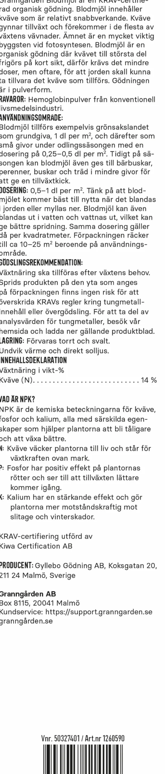 Blodmjöl KRAV 500g>Granngården New
