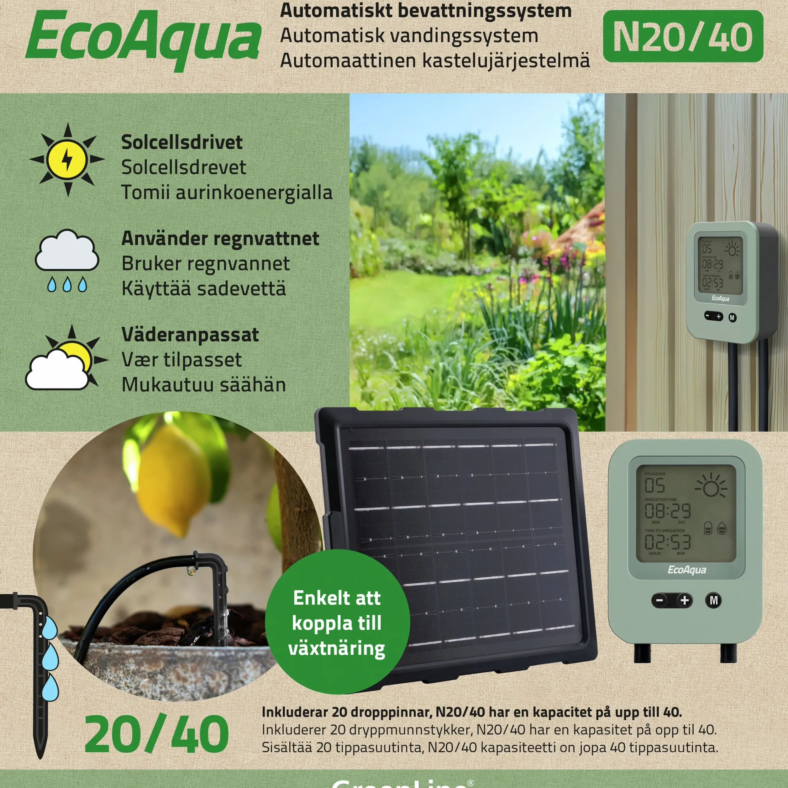 Droppbevattning EcoAqua N20/40 Solcell 20 munstycken>GreenLine Hot