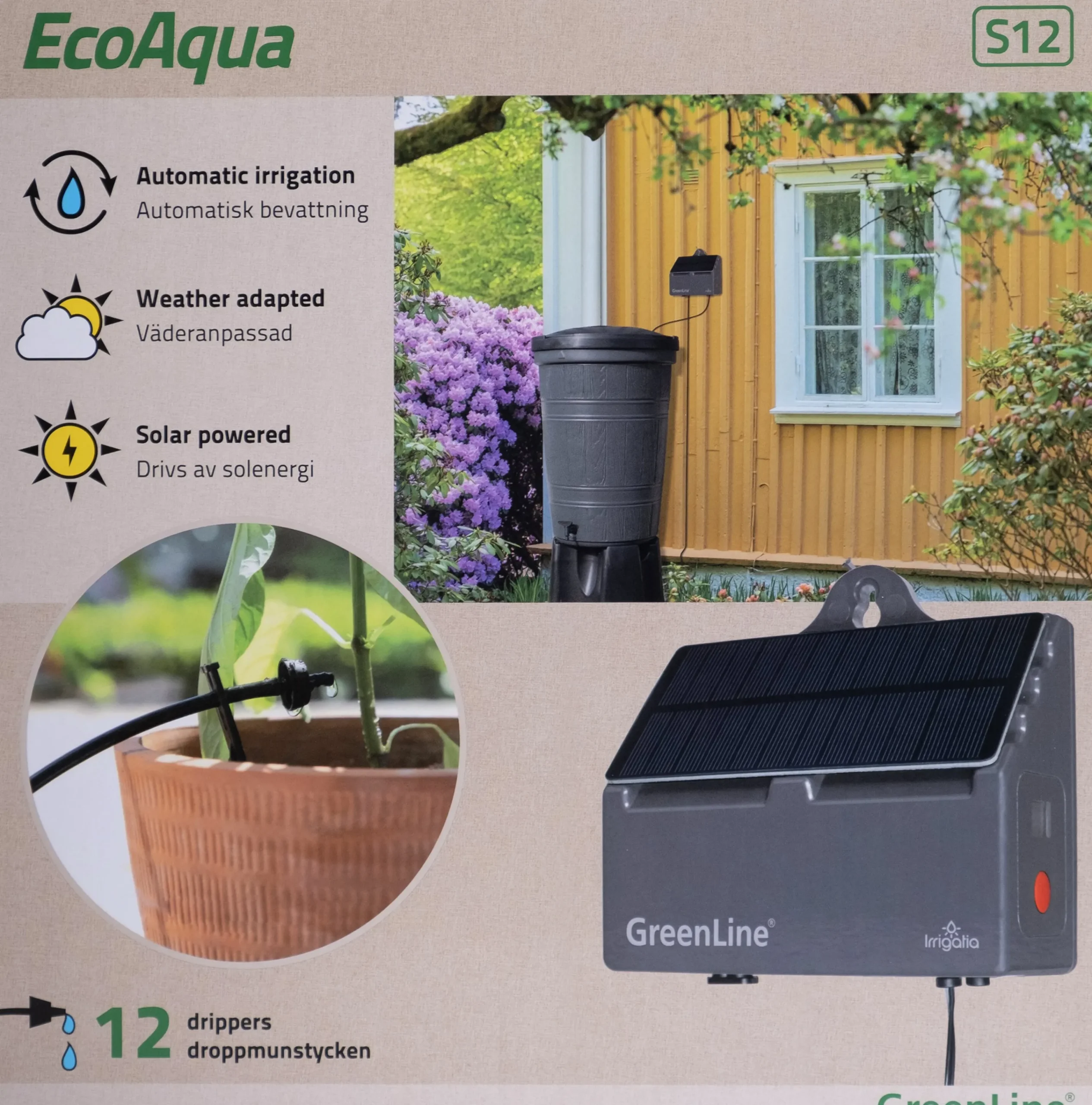 Droppbevattningssystem EcoAqua S12 Solcell 12 munstycken>GreenLine Hot