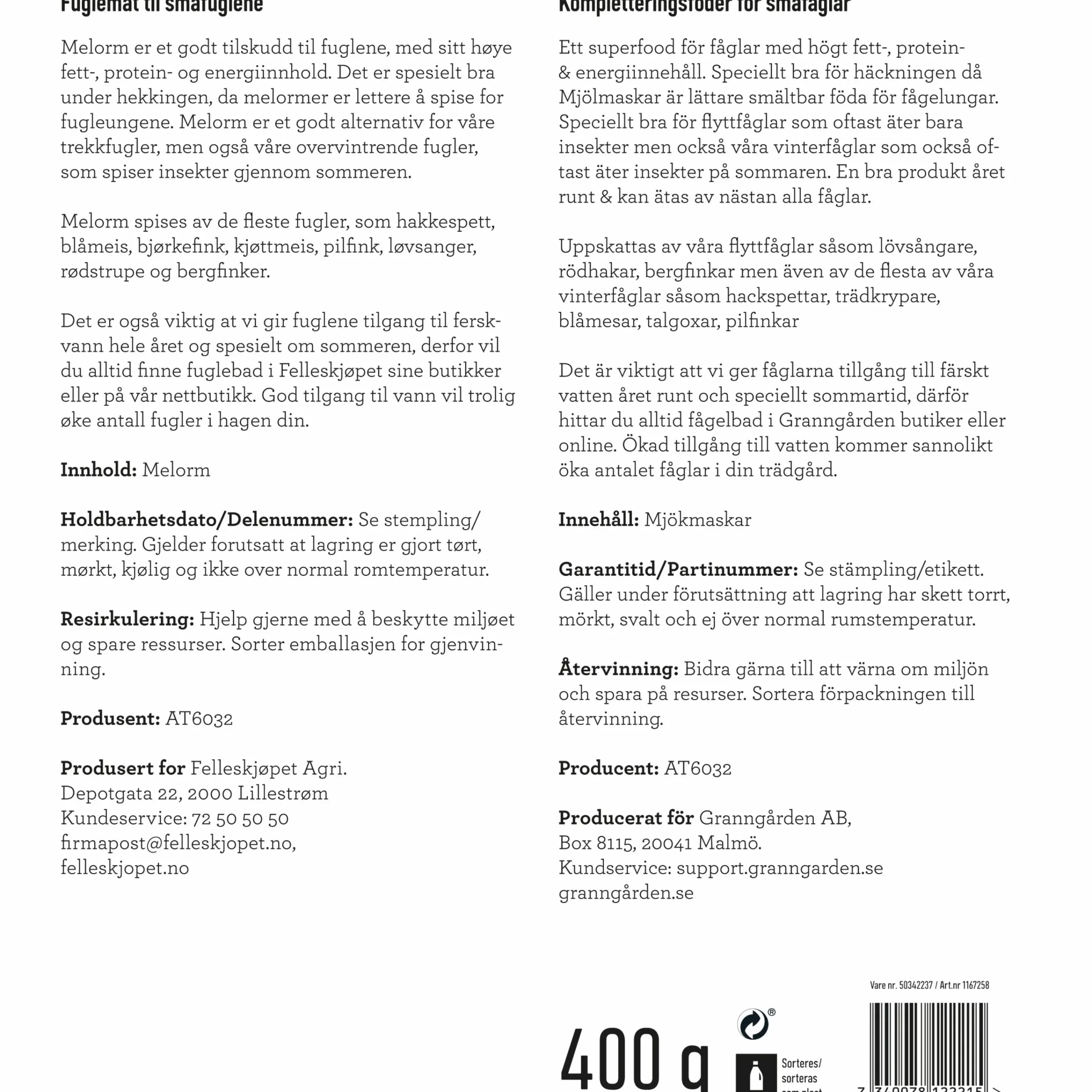 Fågelmat Mjölmaskar 400g>Granngården Best