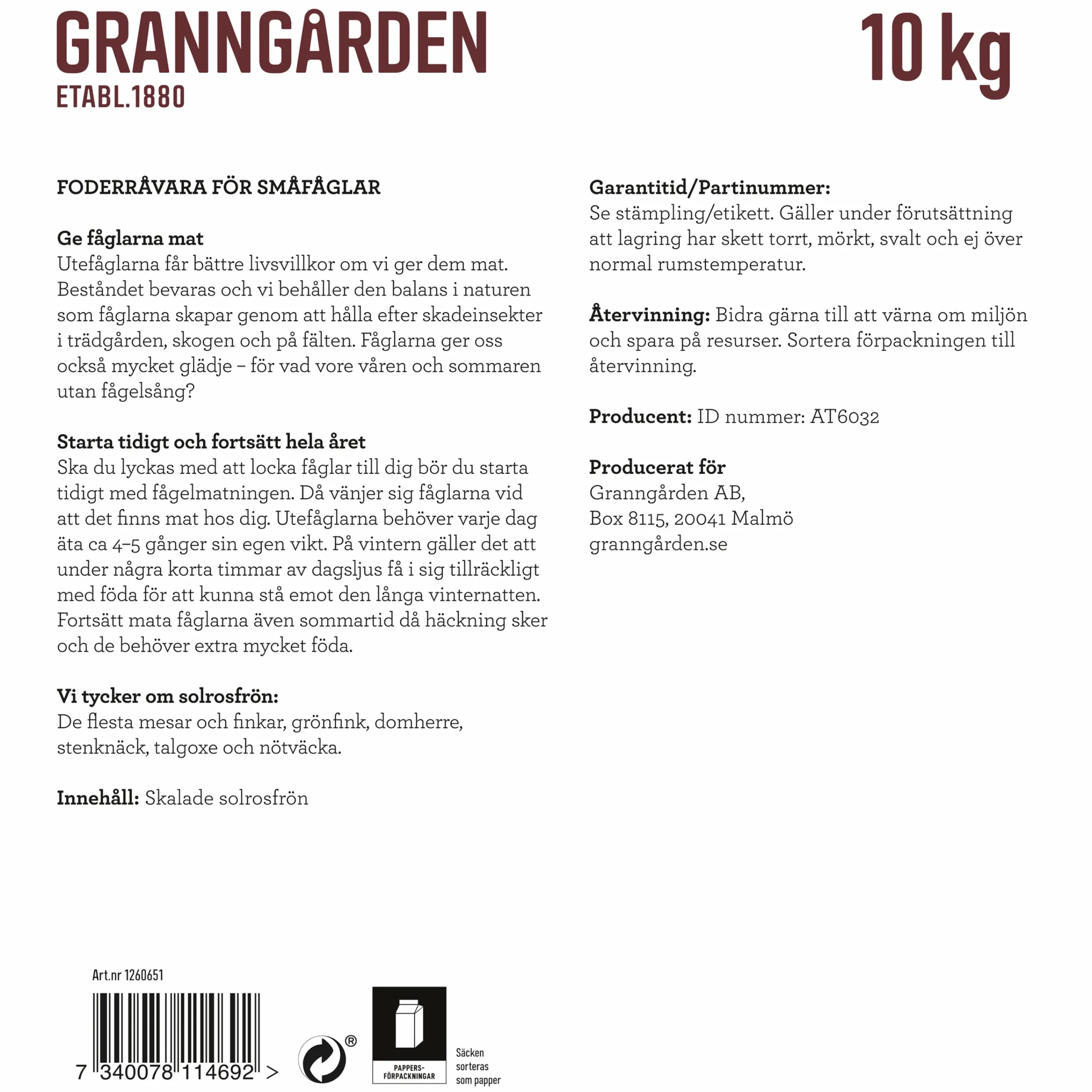 Fågelmat Solrosfrö Skalade 10kg>Granngården Best