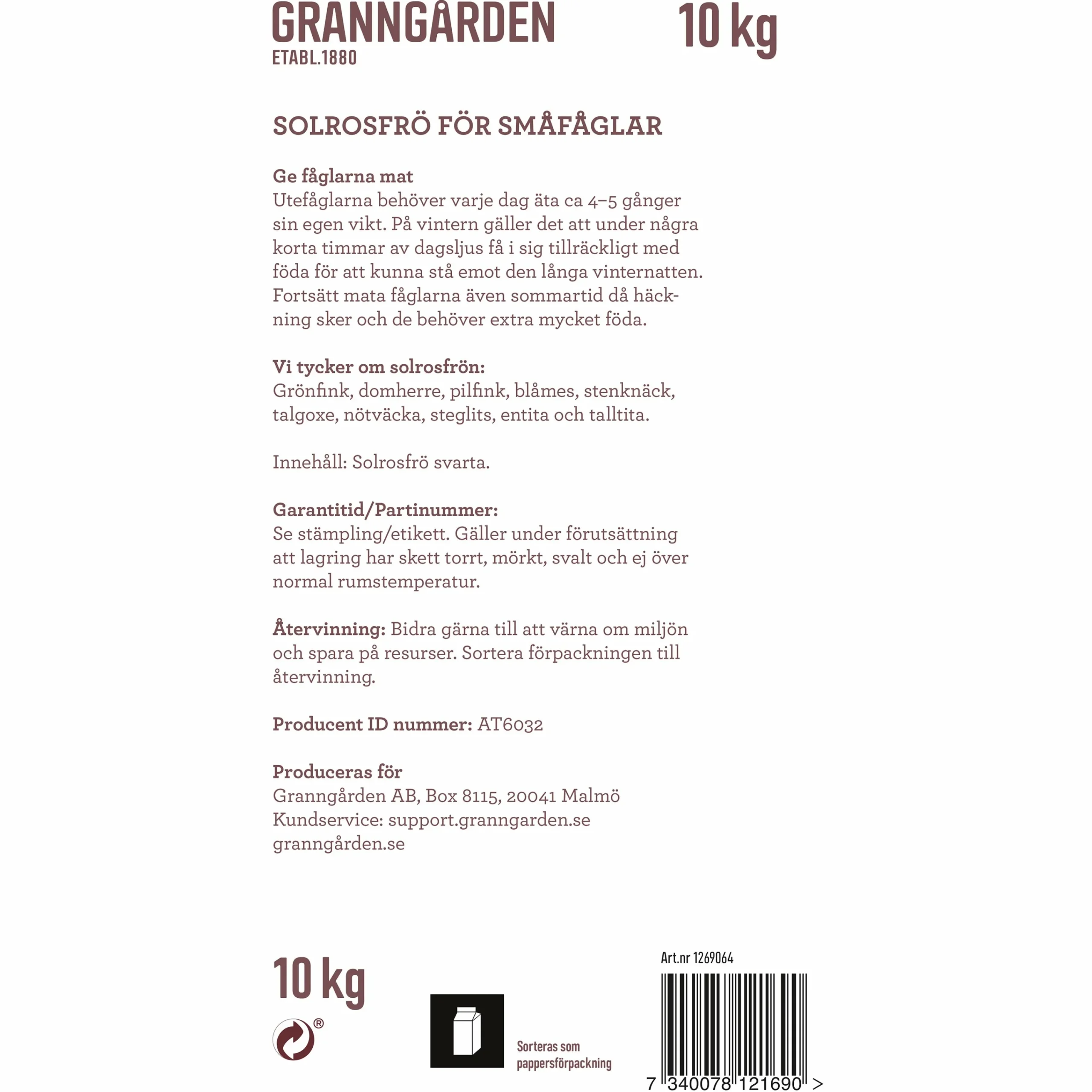 Fågelmat Solrosfrö Svarta 10kg>Granngården Sale