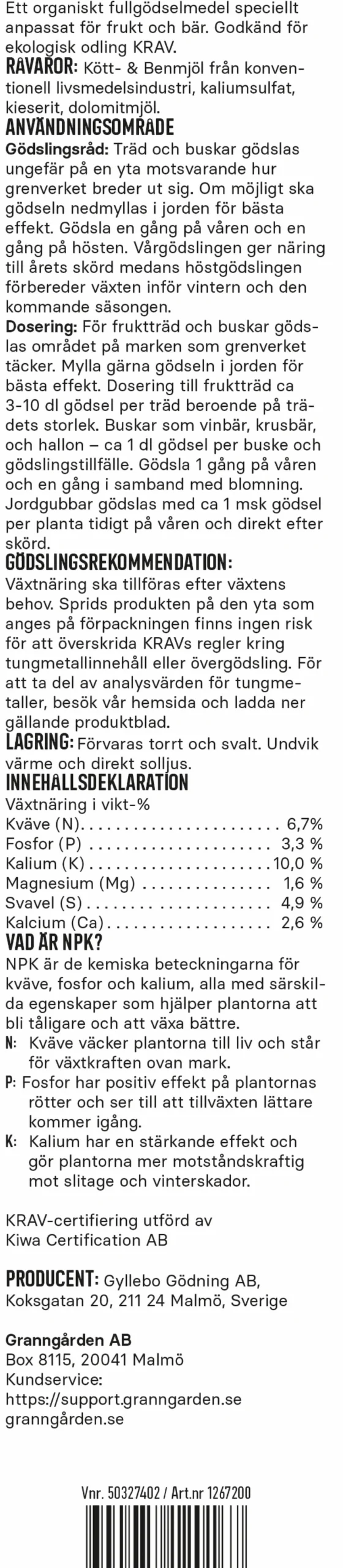 Frukt- & Bärgödsel KRAV 900g>Granngården Best