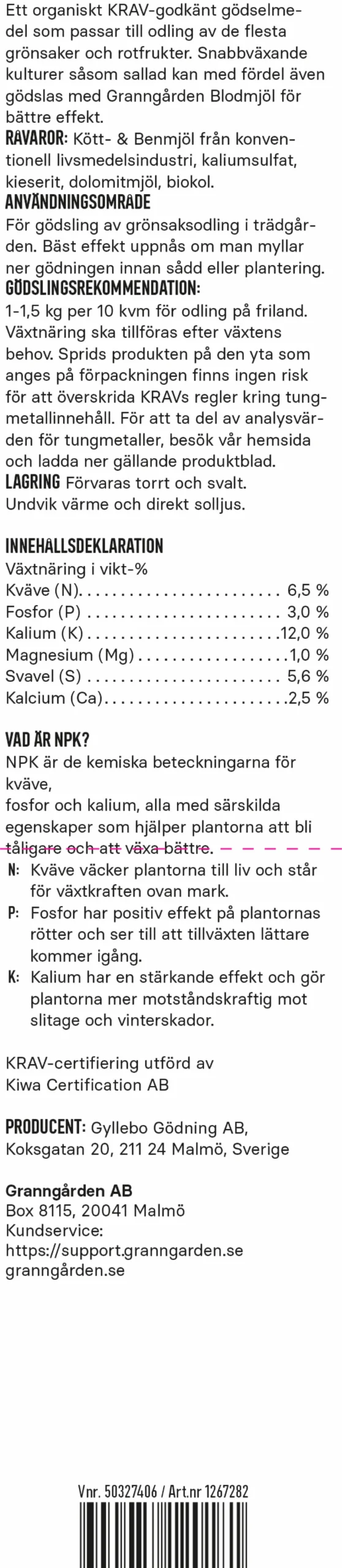 Grönsaksgödsel KRAV 900g>Granngården Discount