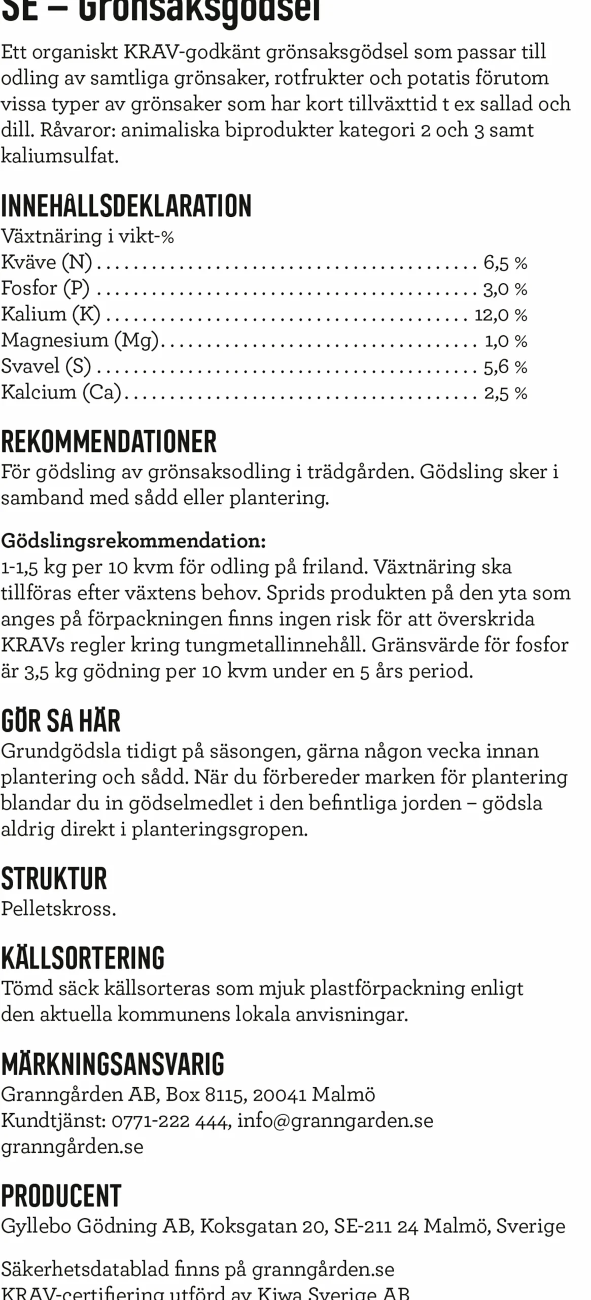 Grönsaksgödsel KRAV 7kg>Granngården Sale