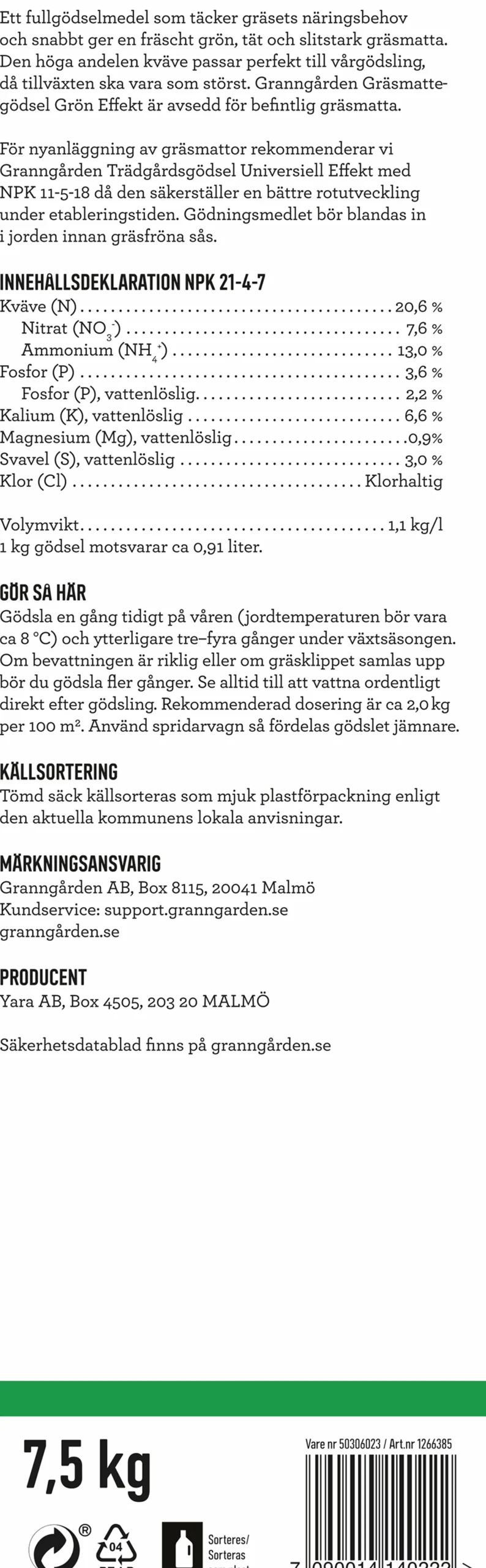 Gräsgödsel 21-4-7 7,5kg>Granngården Discount