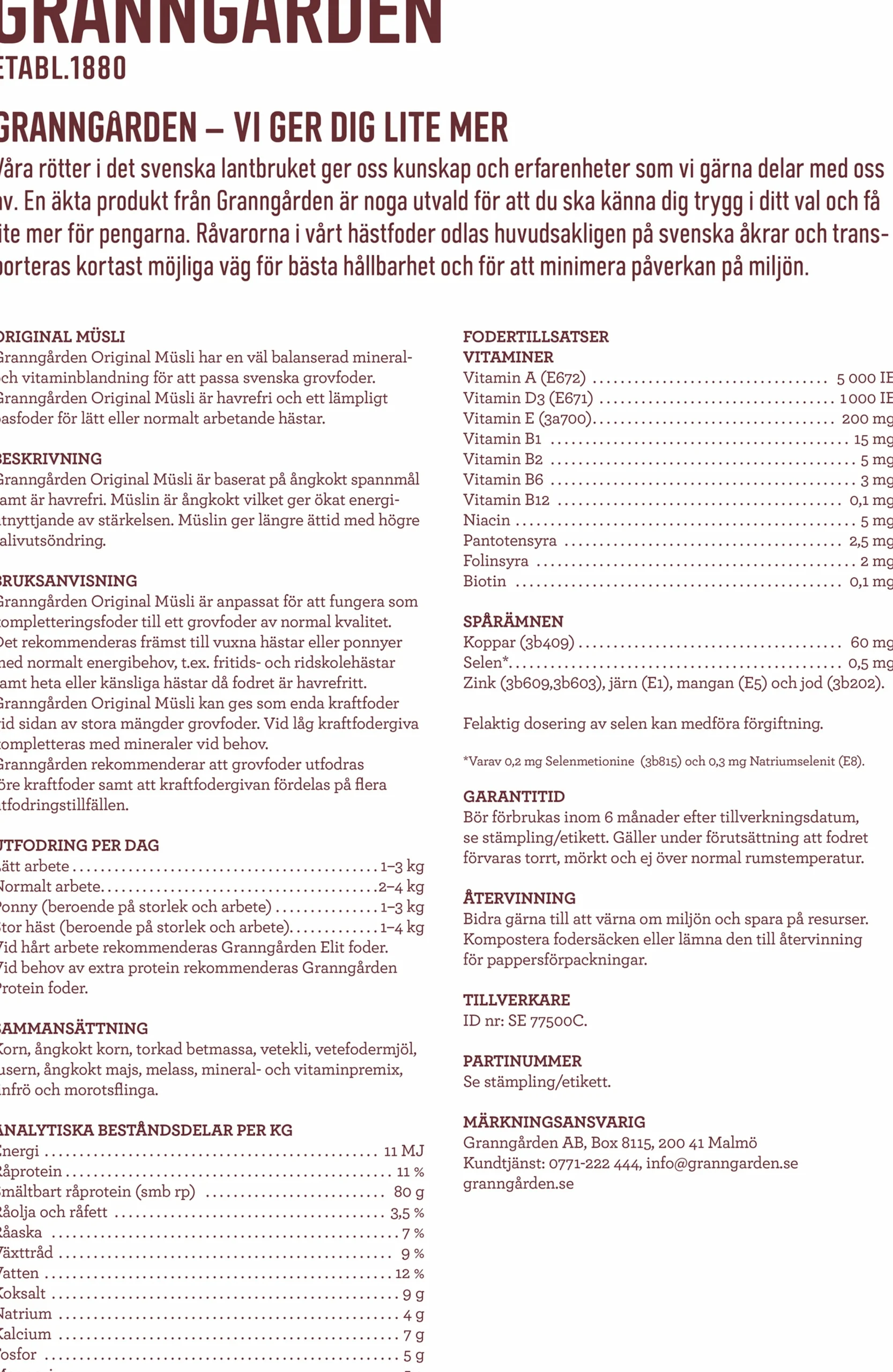 Hästfoder Original Müsli 20kg>Granngården Clearance