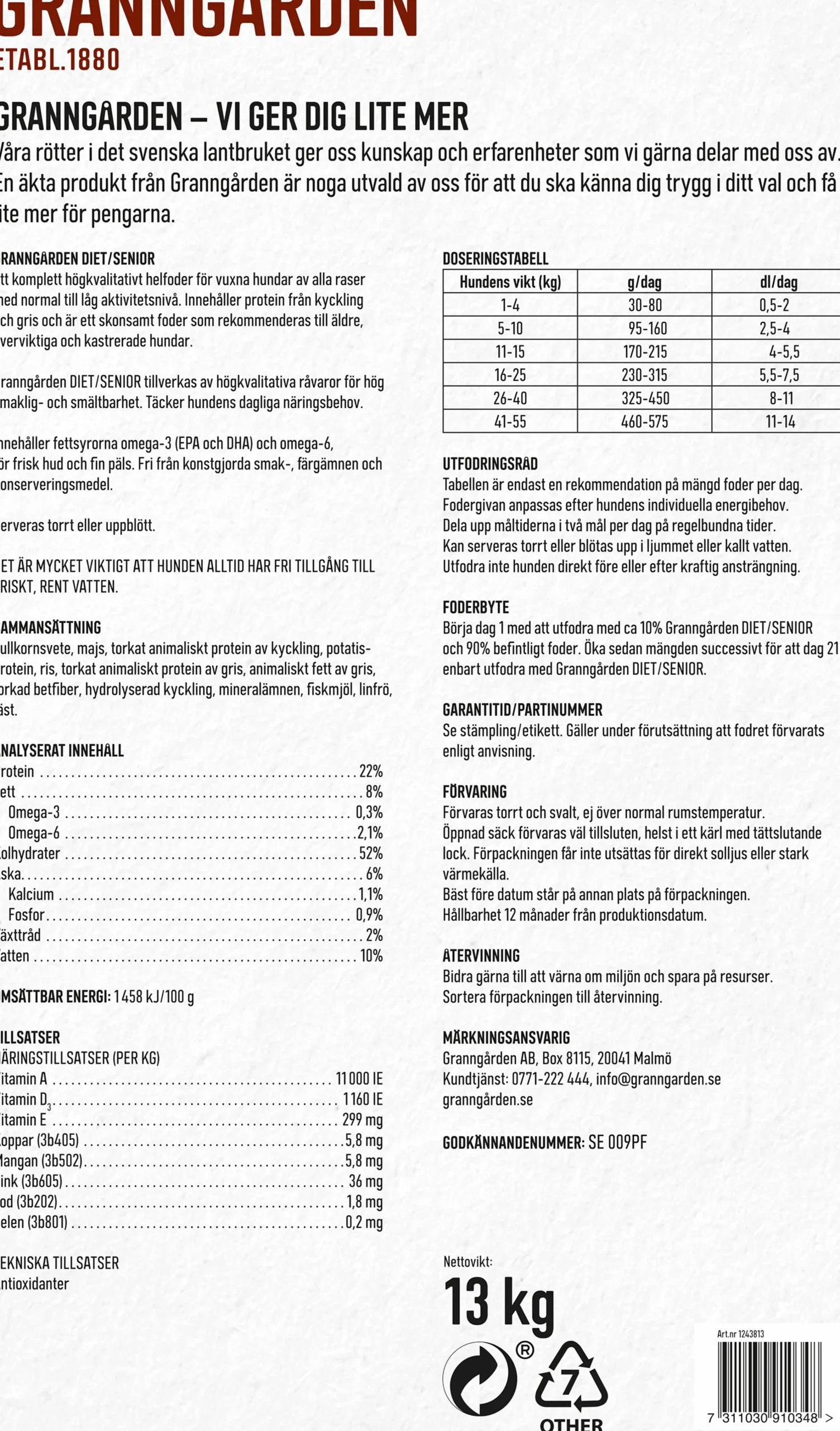 Hundfoder Diet/Senior 13kg>Granngården Hot