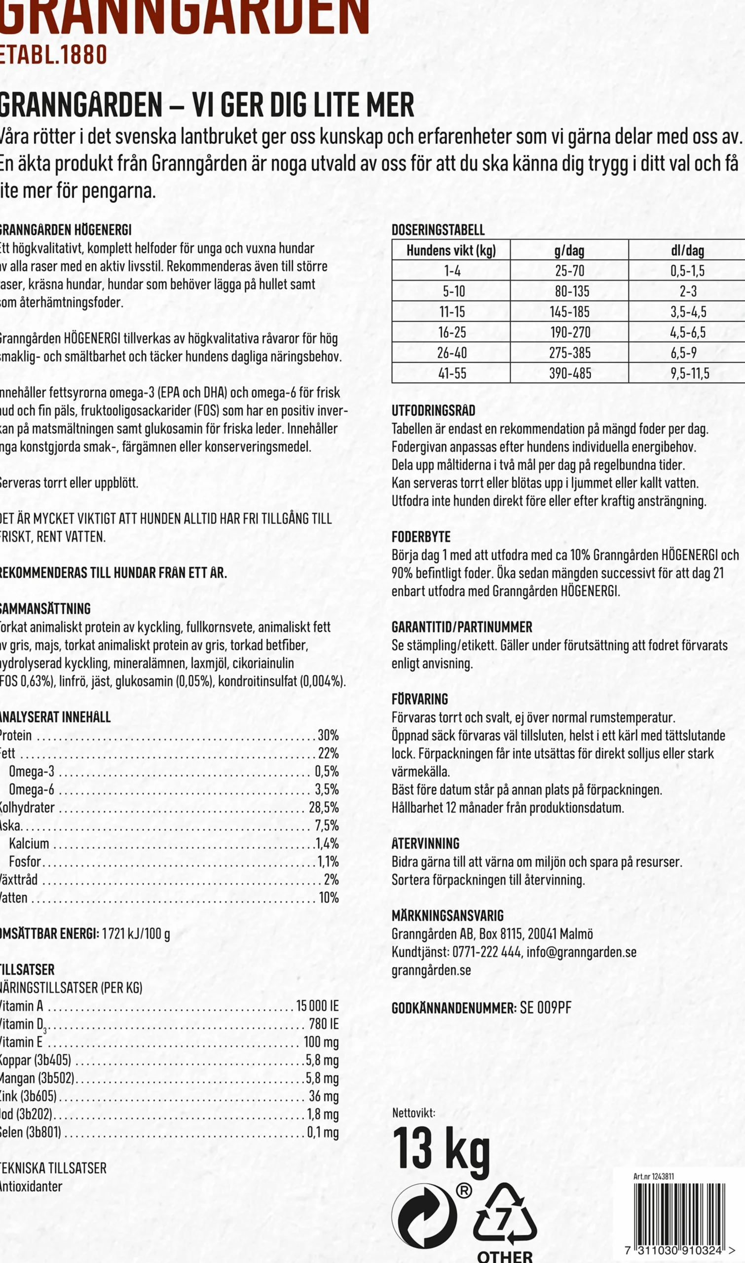Hundfoder Högenergi 13kg>Granngården Hot