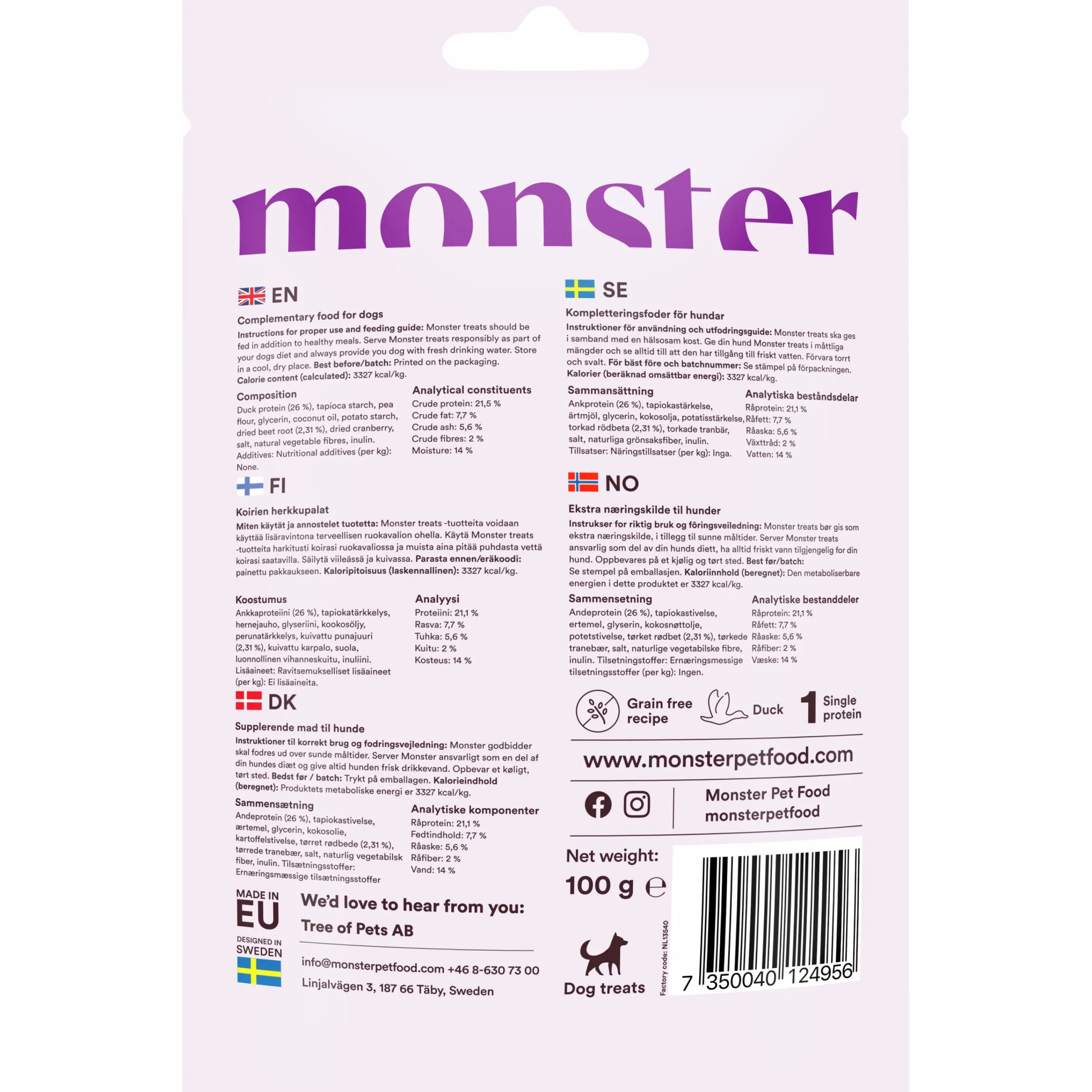 Hundgodis Dog Treats Duck & Red Beet 100g>Monster New