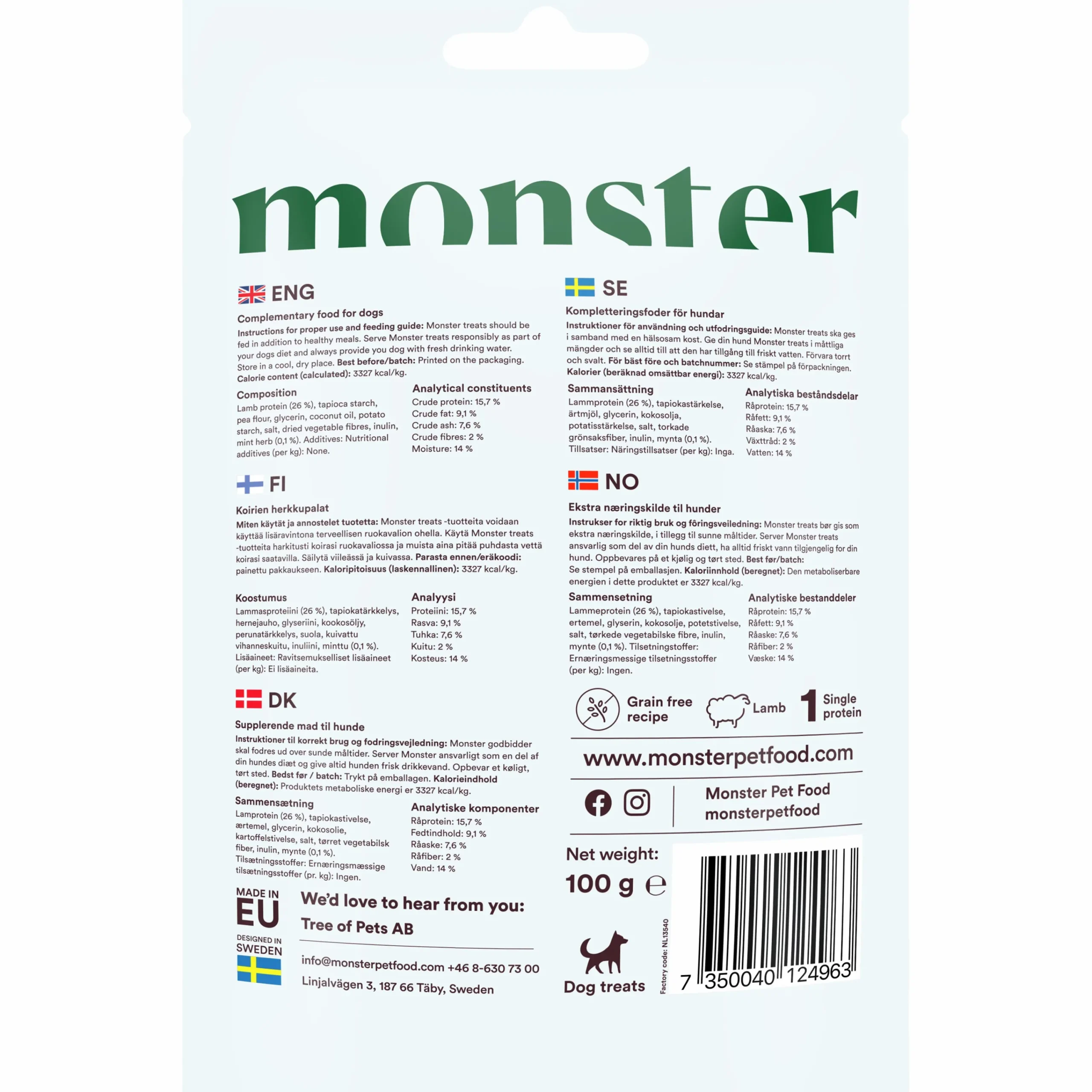 Hundgodis Dog Treats Lamb & Mint 100g>Monster Best