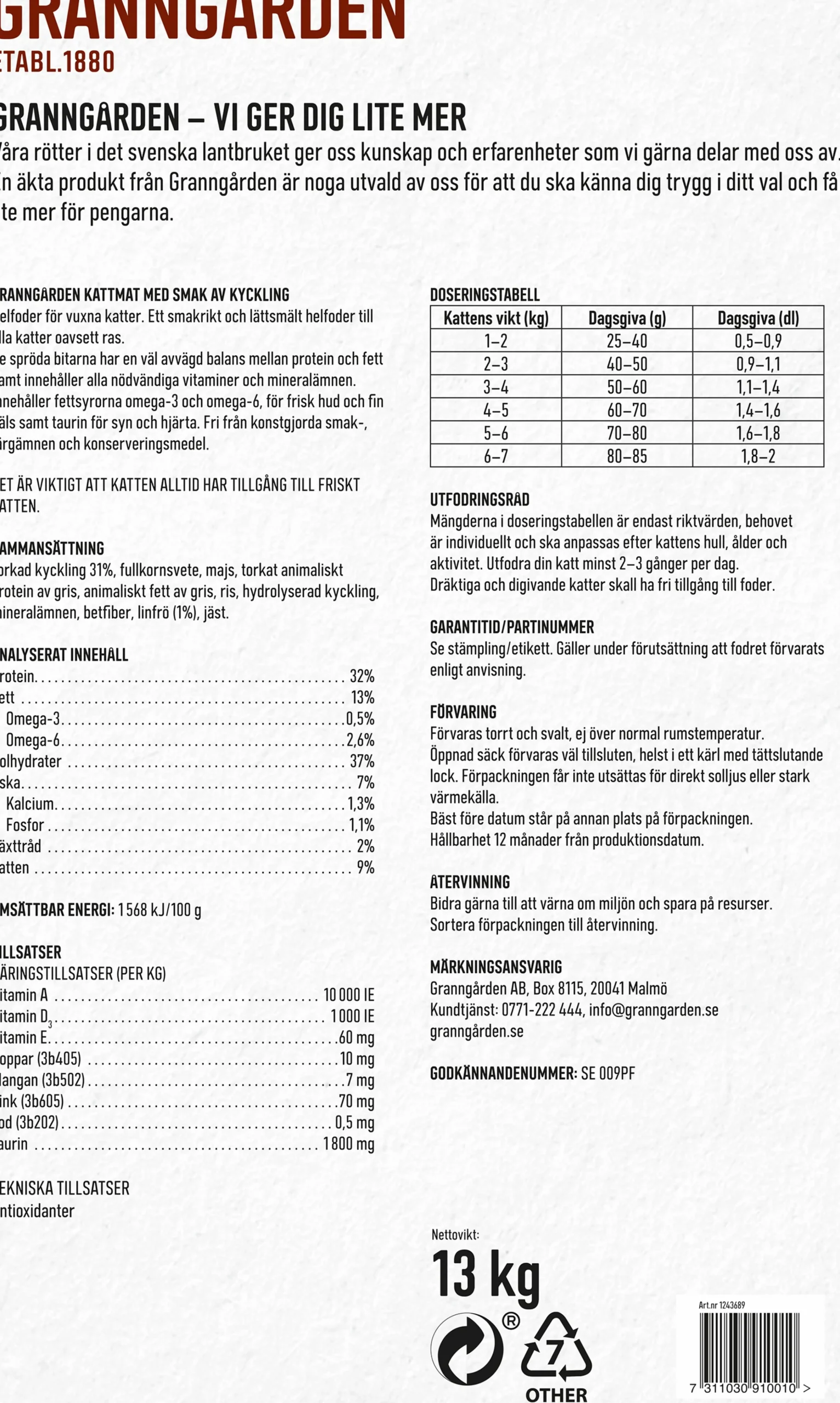 Kattmat Adult Kyckling 13kg>Granngården