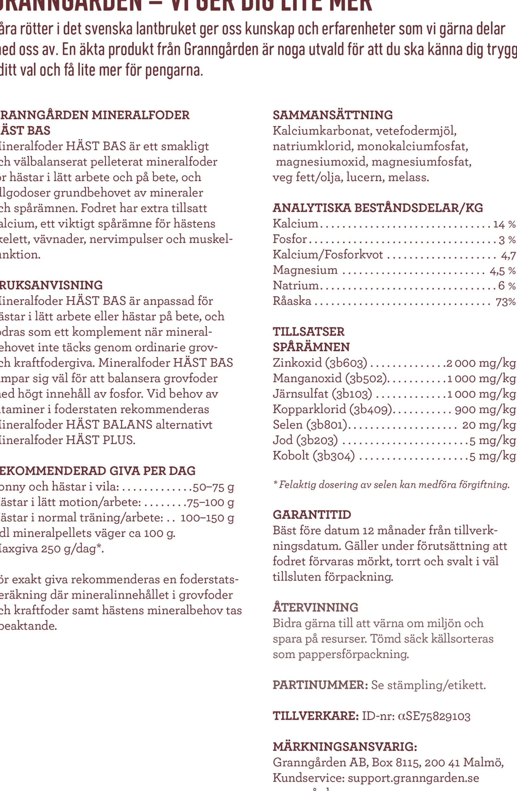 Mineralfoder Häst Bas 15kg>Granngården Discount
