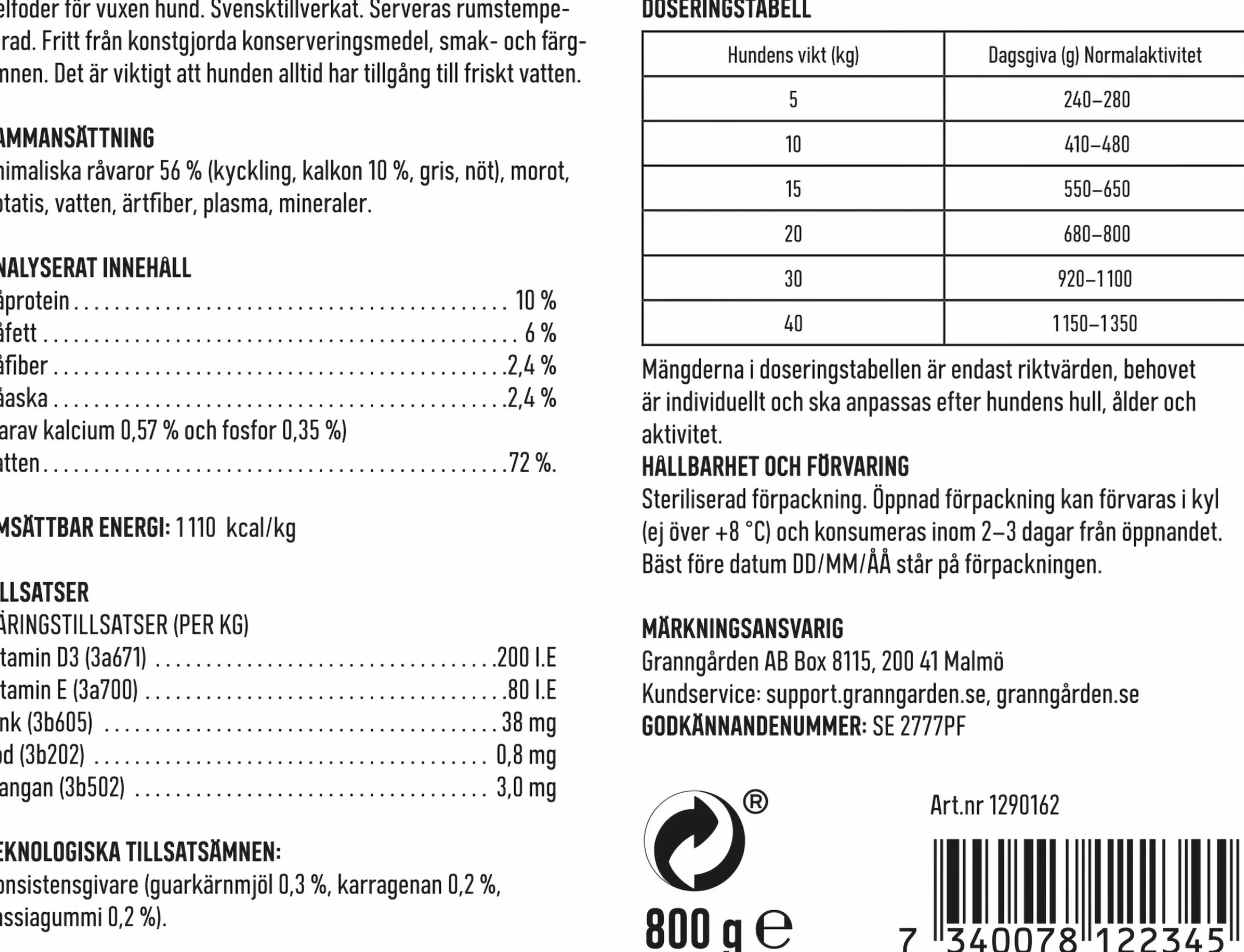 Våtfoder Köttkorv Light 800g>Granngården Online